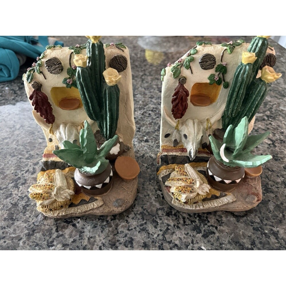 Vintage Figi Graphics Southwest Motif Bookends - Desert Cactus, Skull & Corn